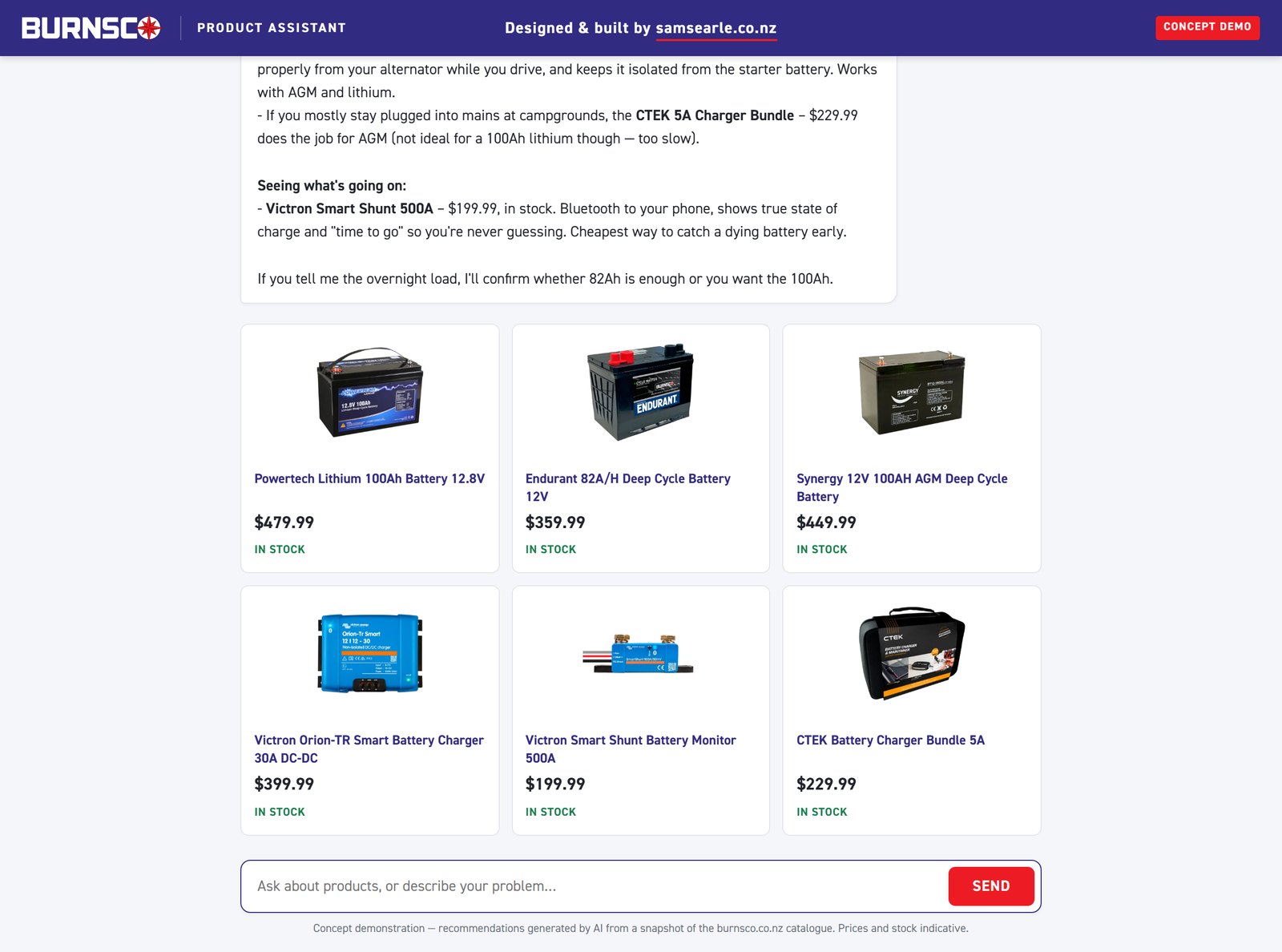 The assistant answering a question about a campervan battery, with product cards