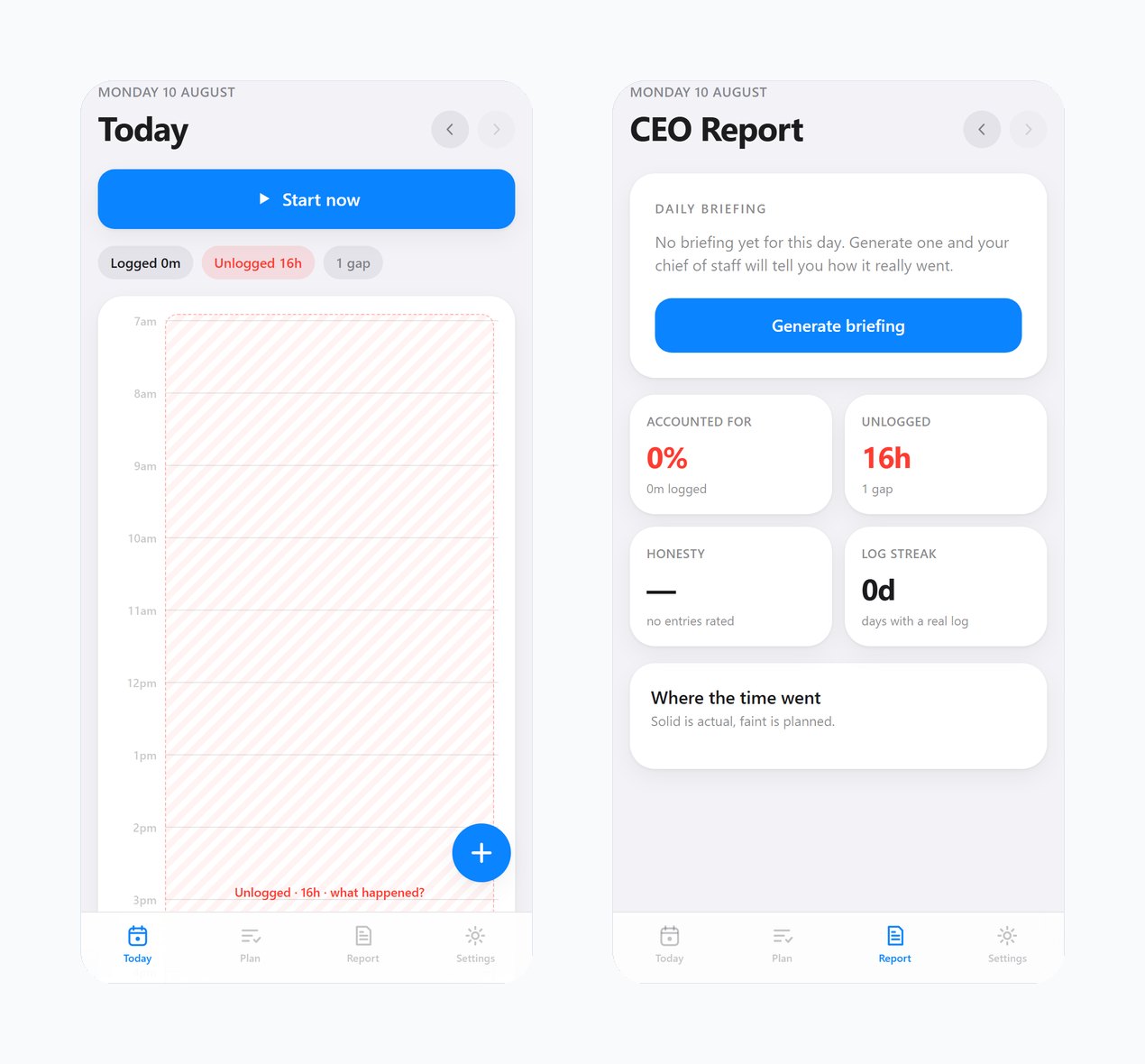 LifeOS on a phone: the daily timeline, and the CEO report